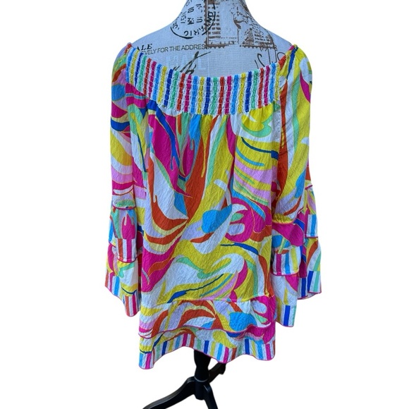 John Mark NWT Off Shoulder Rainbow Smocked Peasant Blouse Tiered 1X Boho Resort - Picture 4 of 15